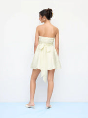 Jacquard Floral Bowknot Ruffle Bandeau Mini Dress