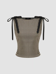 Jacquard Boat Neck Gingham Bowknot Tank Top