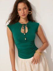 Raglan Sleeve Drawstring Scoop Neck Metallic Decor Tee