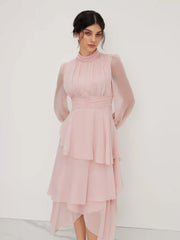 Chiffon Stand Collar Ruched Layered Asymmetrical Hem Maxi Dress