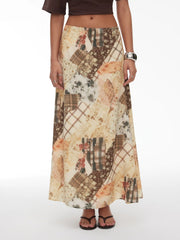 Abstract Patchwork Print Mid Rise Flared Maxi Skirt