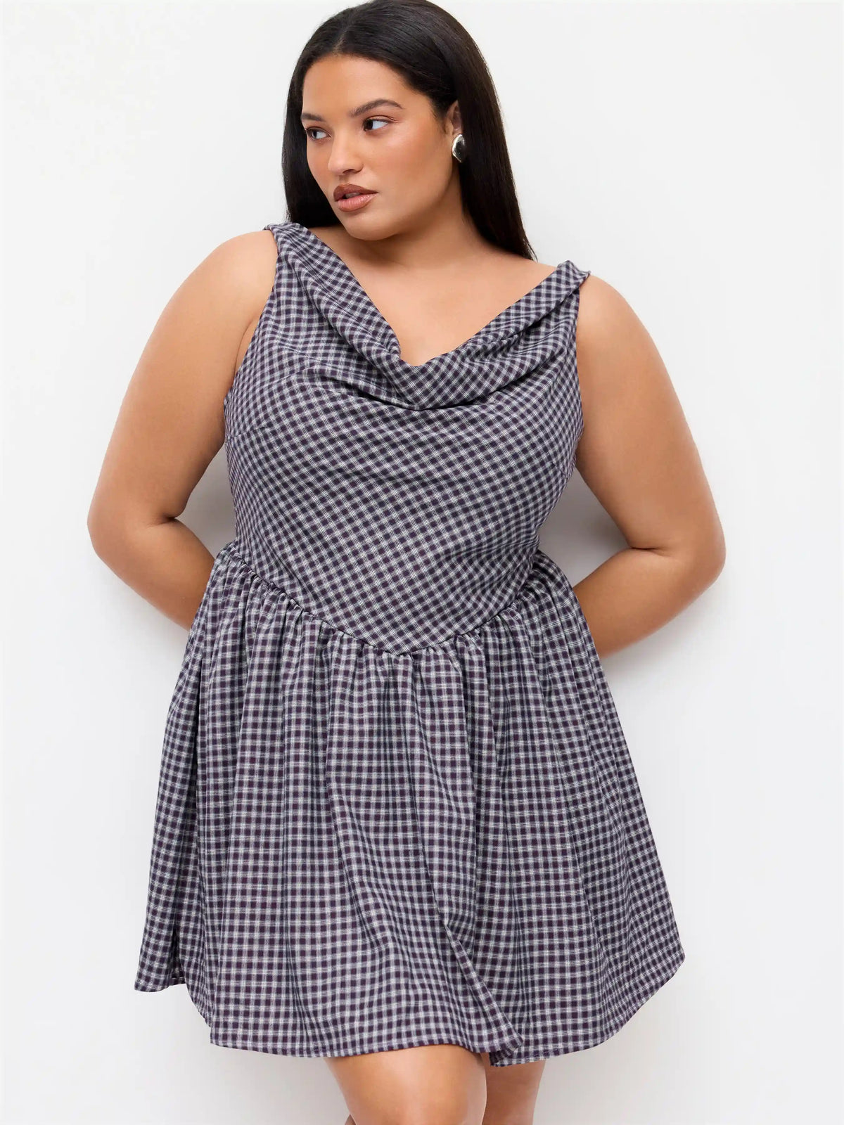 Gingham Cowl Neck Shirred A-line Mini Dress Curve & Plus