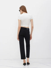 High Stretch Denim High Waist Pocket Cropped Straight Leg Jeans