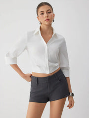 Cotton-blend Rolled Cuff Sleeve Banded Hem Shirt