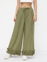 Mid Rise Check Drawstring Lettuce Trim Trousers