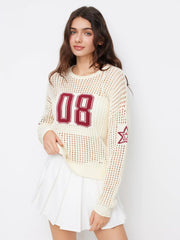 Knit Crochet 08 Star Graphic Hollow Out Oversized Long Sleeve Top