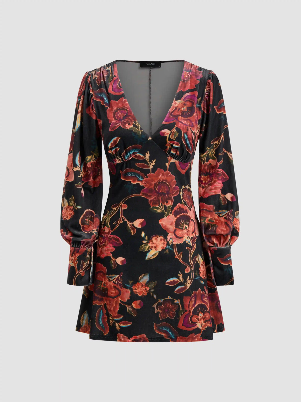 Velvet V-neck Floral Mini Dress