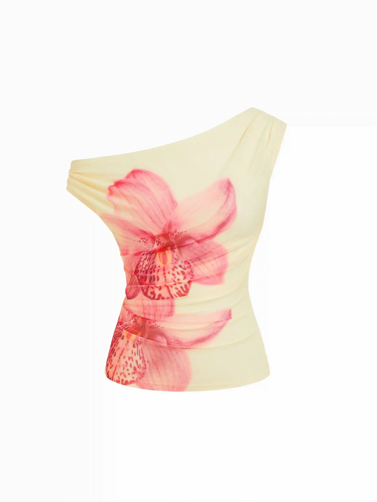 Mesh Floral Asymmetrical Neck Ruched Tank Top