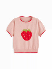 Knit Strawberry Graphic Contrasting Binding Top Curve & Plus