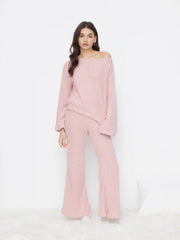 Asymmetrical Neck Oversized Top & High Rise Flared Trousers Loungewear Set