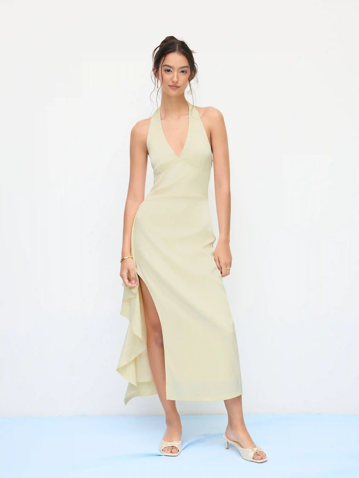 Satin Halter V-neck Split Draped Maxi Dress