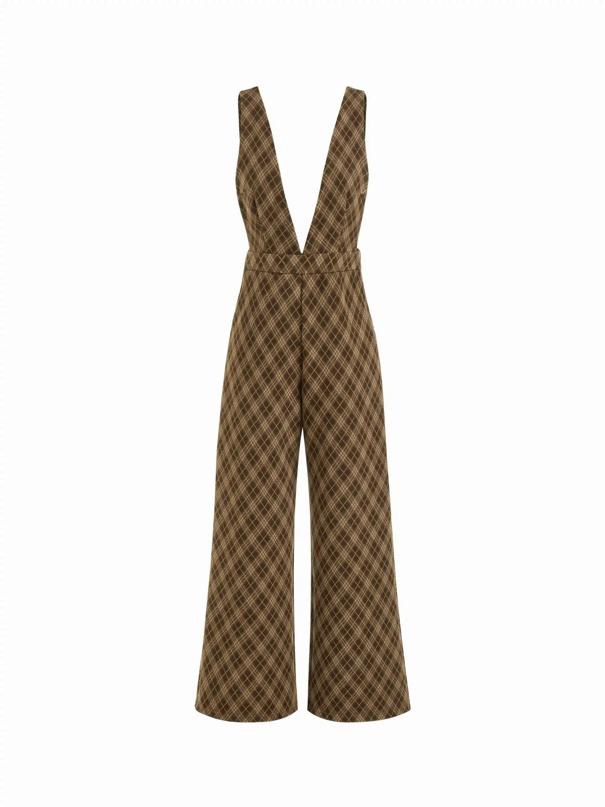 Wool-look Plaid Deep V-neck Wide Leg Jumpsuit