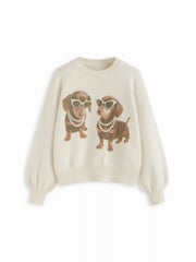 Knit Wool-blend Dog Graphic Long Sleeve Oversized Sweater