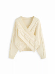 Cable Knit V-neck Long Sleeve Criss Cross Oversized Top