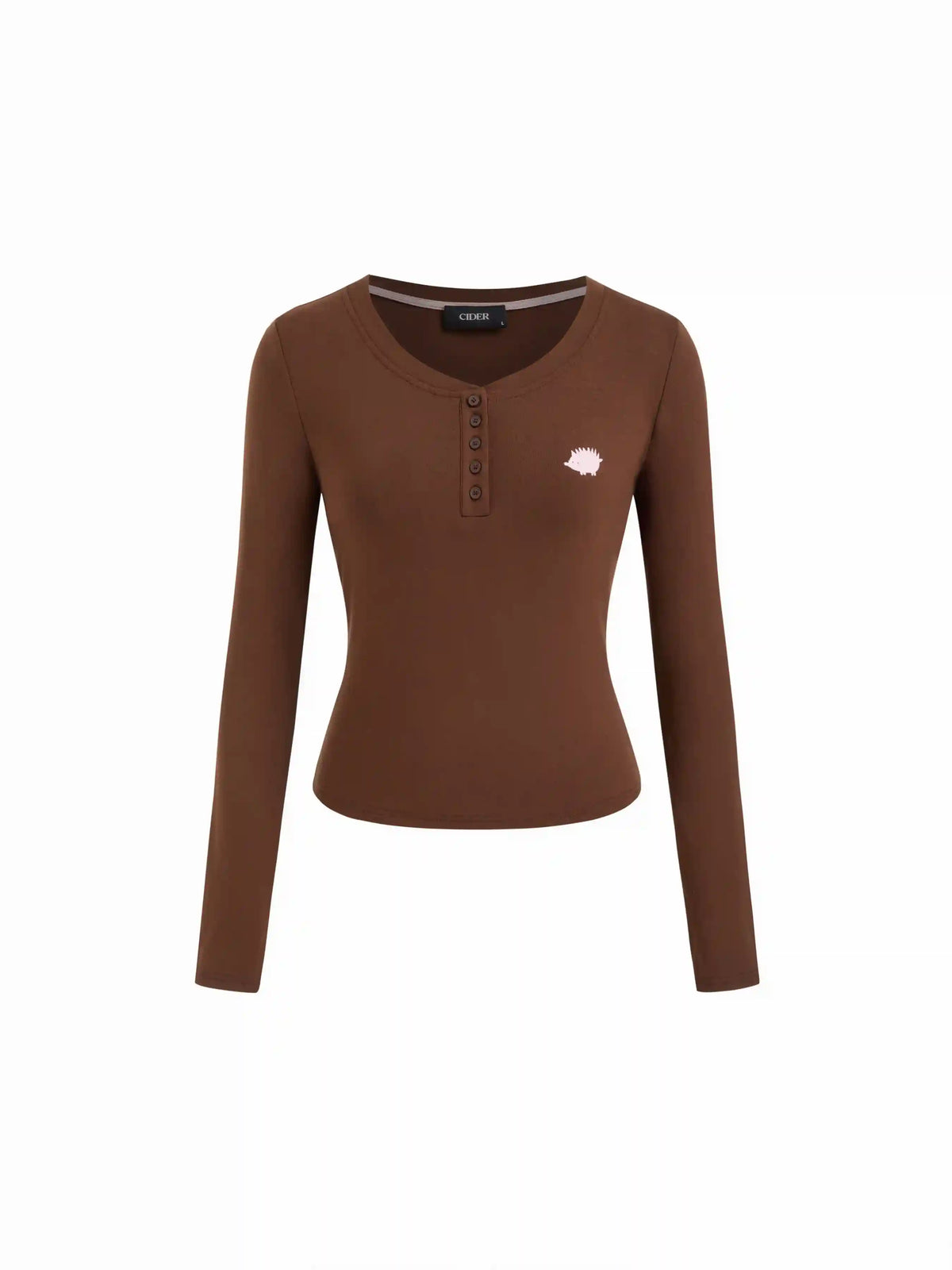 Round Neckline Hedgehog Pattern Button Long Sleeve Top