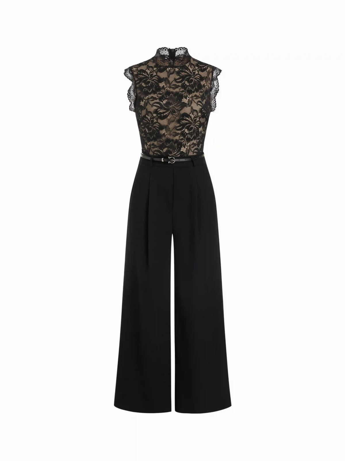 Lace Stand Collar Mid Rise Wide Leg Jumpsuit With Belt