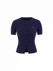 Cable Knit Wool-blend Round Neckline Cherry Embroidery Button Top