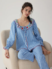 Cotton-blend Floral Scoop Neckline Gingham Top & Straight Leg Trousers Loungewear Set