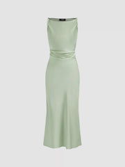 Satin Boat Neck Ruched Maxi Dress