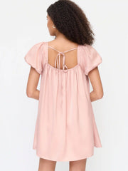 Satin Square Neck Puff Sleeve Bowknot Babydoll Mini Dress