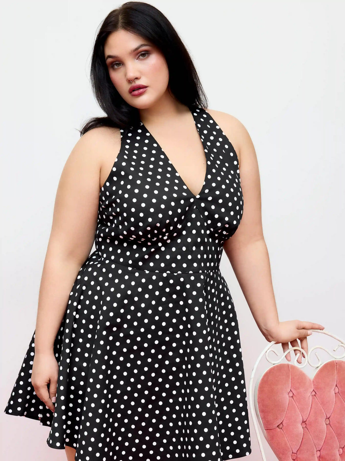 Cotton-blend Halter Neck Polka Dot Flared Mini Dress Curve & Plus