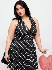 Cotton-blend Halter Neck Polka Dot Flared Mini Dress Curve & Plus