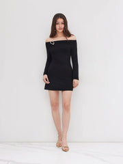 Off-Shoulder Bell Sleeve Hook Ruched Mini Dress