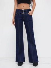 Denim High Stretch Low Rise Bootcut Jeans With Belt