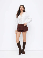 Cotton-blend V-neck Long Sleeve Floral Broderie Anglaise Blouse