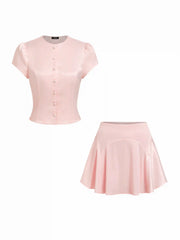 Satin Puff Sleeve Top & Mid Rise Flared Mini Skirt Set