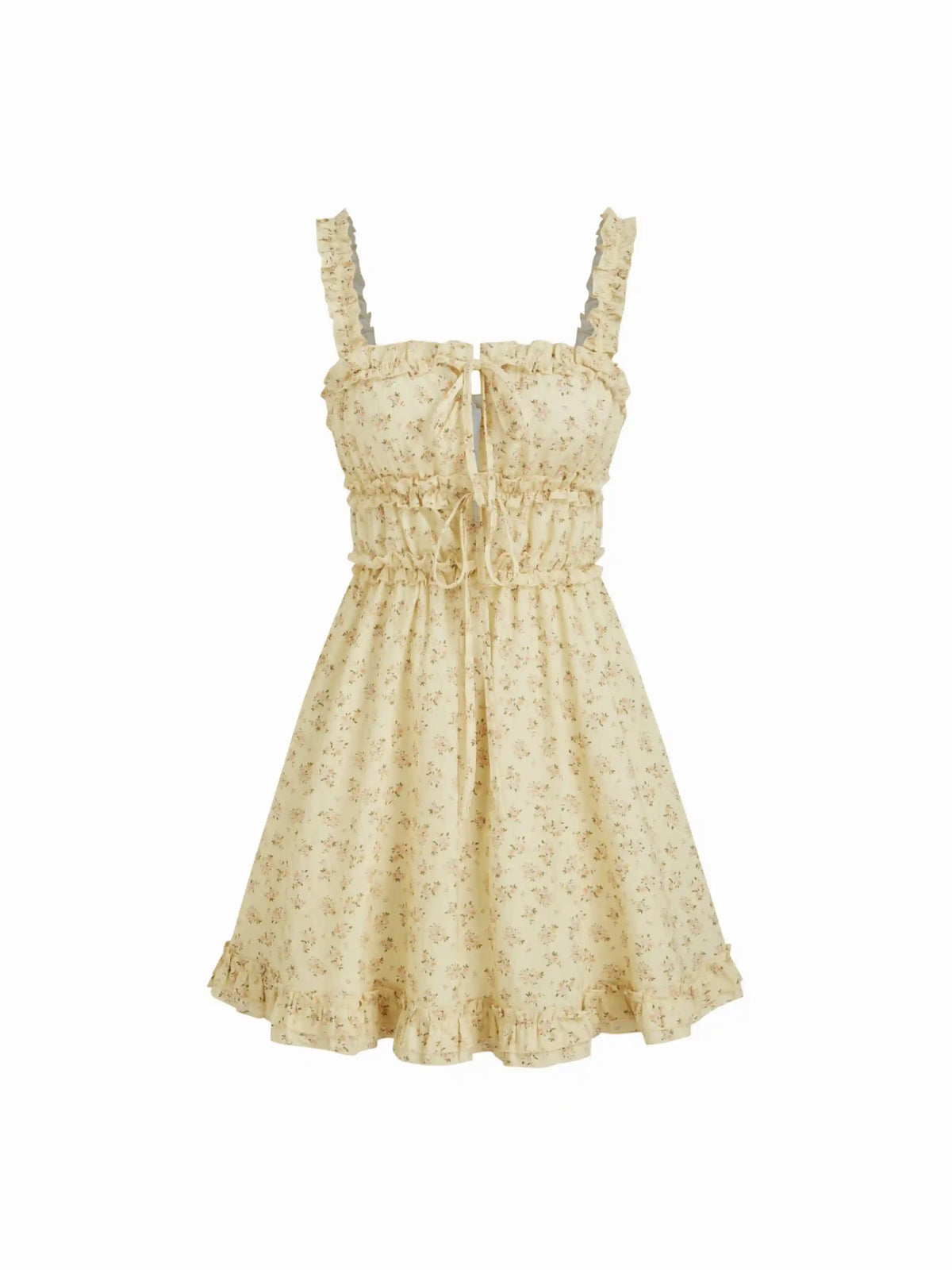Cotton-blend Square Neck Ditsy Floral Lettuce Trim Knotted Mini Dress