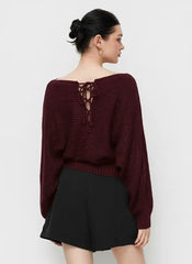 Knit Boat Neck Long Sleeve Cinched Waist Oversized Top