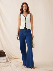 Stretch Denim High Rise Metal Button Wide Leg Jeans