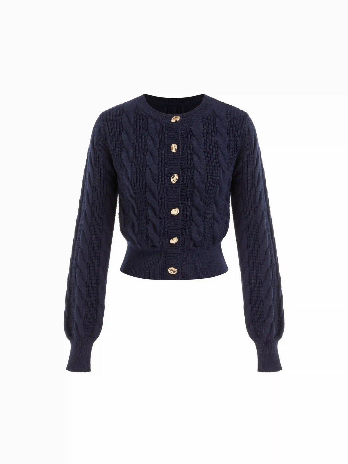 Cable Knit Round Neckline Metal Detail Cardigan