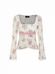 Lace Square Neck Floral Tie Back Bell Sleeve Top