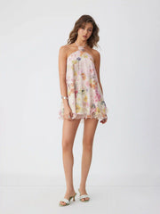 Chiffon Floral Halter Neckline Rosette Ruffle Hem A-line Mini Dress