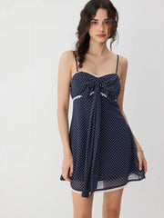 Chiffon Polka Dot Sweetheart Bowknot Lace Trim A-line Mini Dress