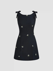 Boat Neck Floral Embroidery Bowknot Mini Dress