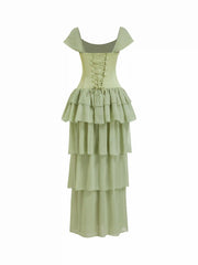 Chiffon Square Neck Draped Tiered Maxi Dress
