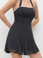 Chiffon Halter Neckline Polka Dot Knotted Mini Dress