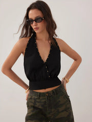 Halter Neck Crossover Metal Detail Backless Top