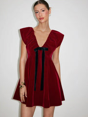 Velvet V-neck Bow Detail A-line Mini Dress