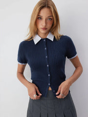 Cable Knit Contrast Stripe Polo Neck Button Through Short Sleeve Cardigan