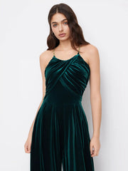 Solid Velvet Scoop Neckline Sleeveless Ruched Jumpsuit