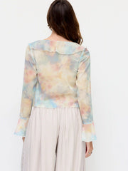 Chiffon Abstract V-Neck Ruffled Bell Sleeve Blouse