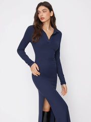 Collar V-neck Ruched Maxi Dress