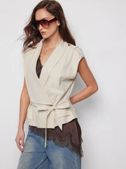 Linen-blend V-neck Wrap Belted Oversized Blazer Vest