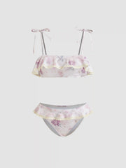 Square Neck Floral Bowknot Ruffle Lace Trim Bandeau Cheeky Bikini Set