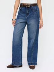 Denim Mid Rise Washed Elastic Waist Wide Leg Jeans