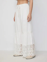 Mid Rise Drawstring Lace Trim Wide Leg Trousers